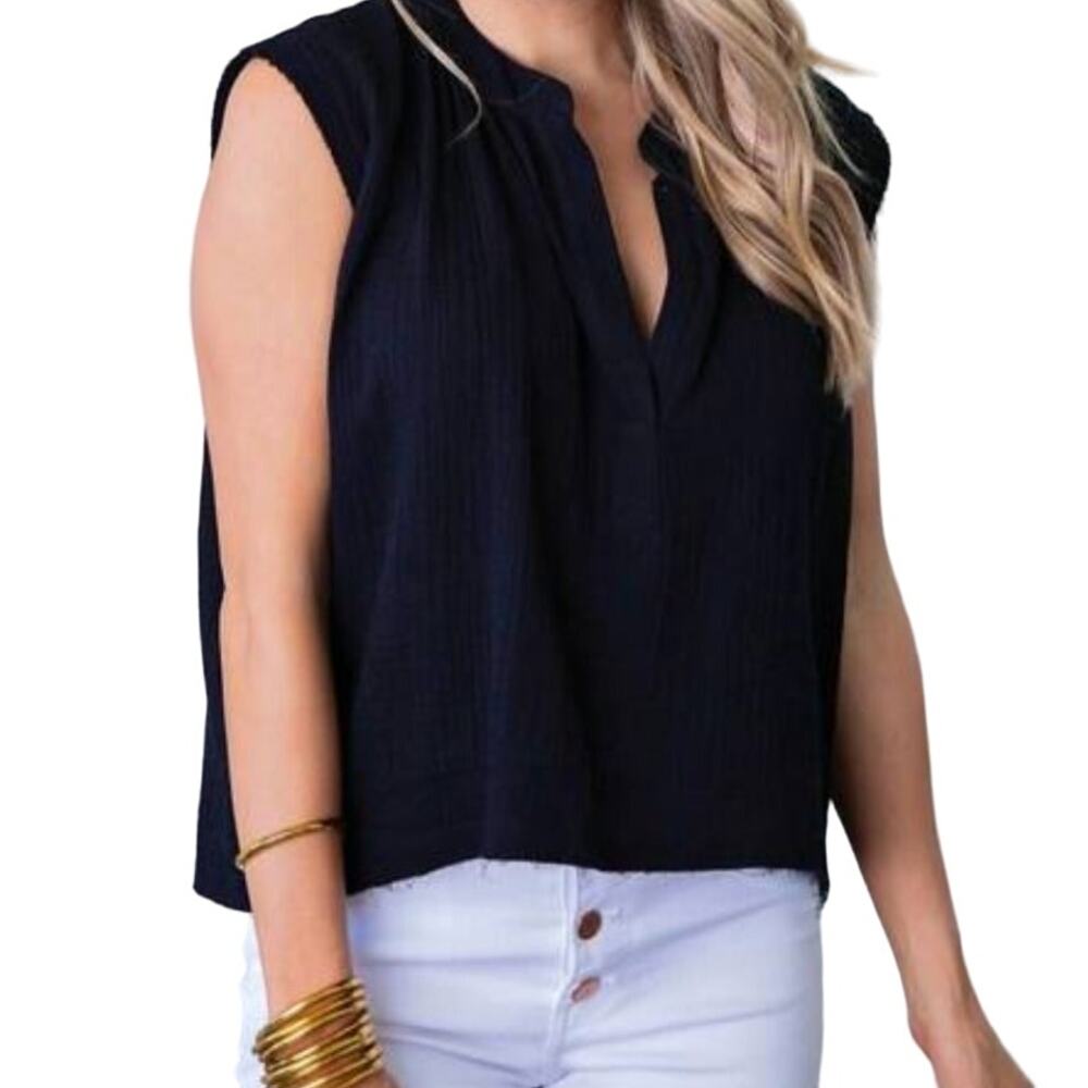 Karlie M Womens V Neck Short Sleeve Black Gauze Boxy Top Textured Breathable